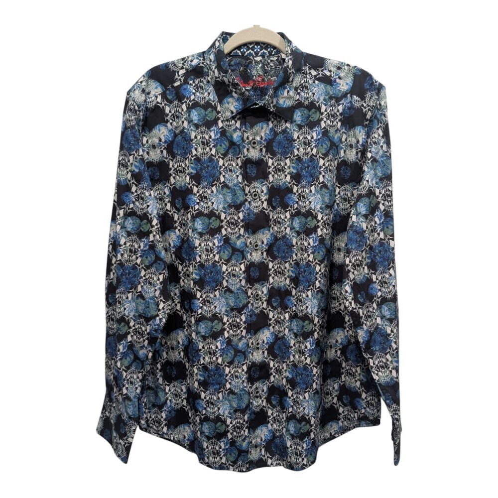 New! Robert Graham Mens Blue Black Cyber Grunge Skulls Floral Button Up Shirt, L